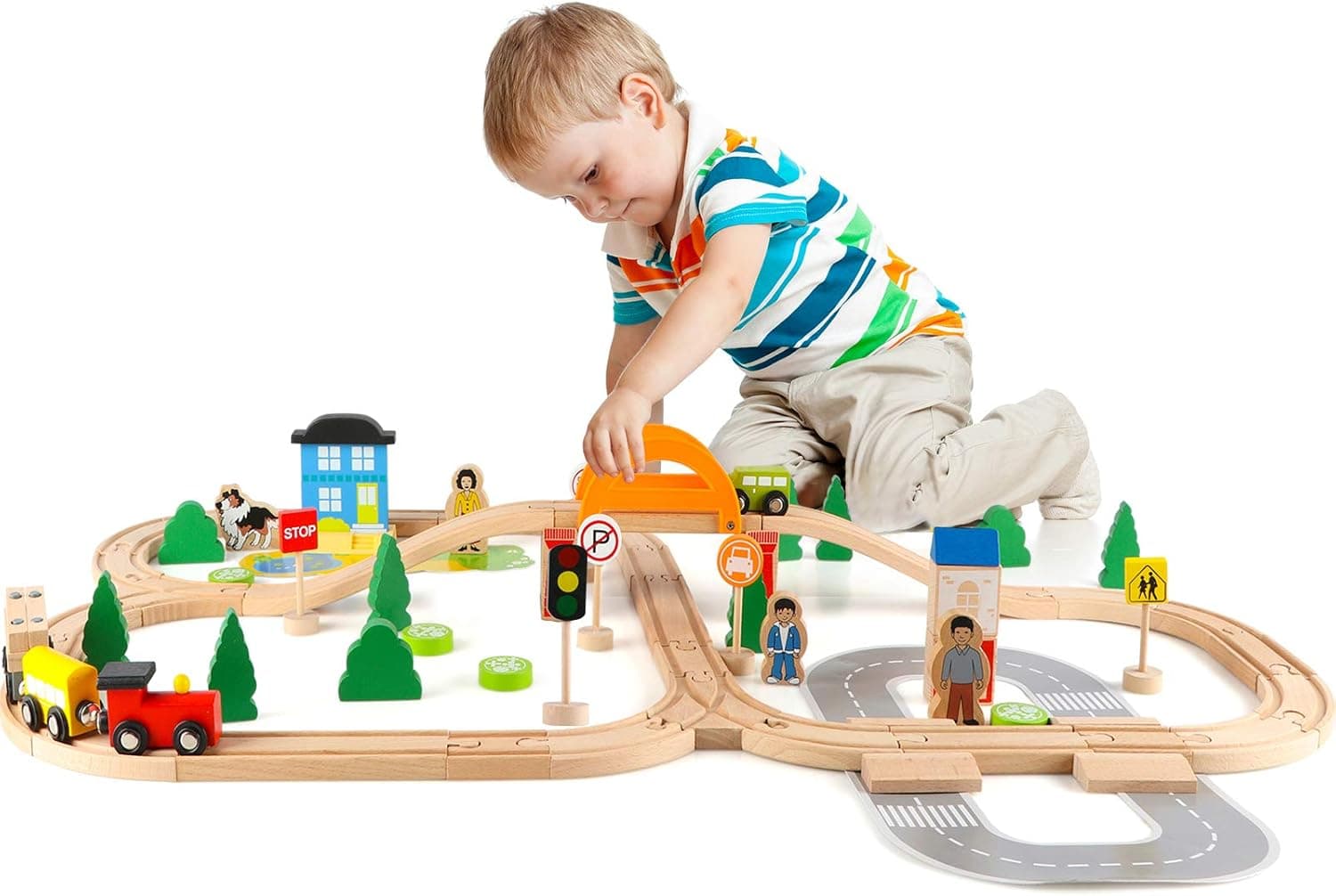 Wondertoys Wooden Train Set - 78 Piece Wooden Track & Train Pack Fits Thomas, Brio, Chuggington, and Other Major Brands- Toy Train Set Kids Friendly Building Toy for 3+ Years Old Girls & Boys