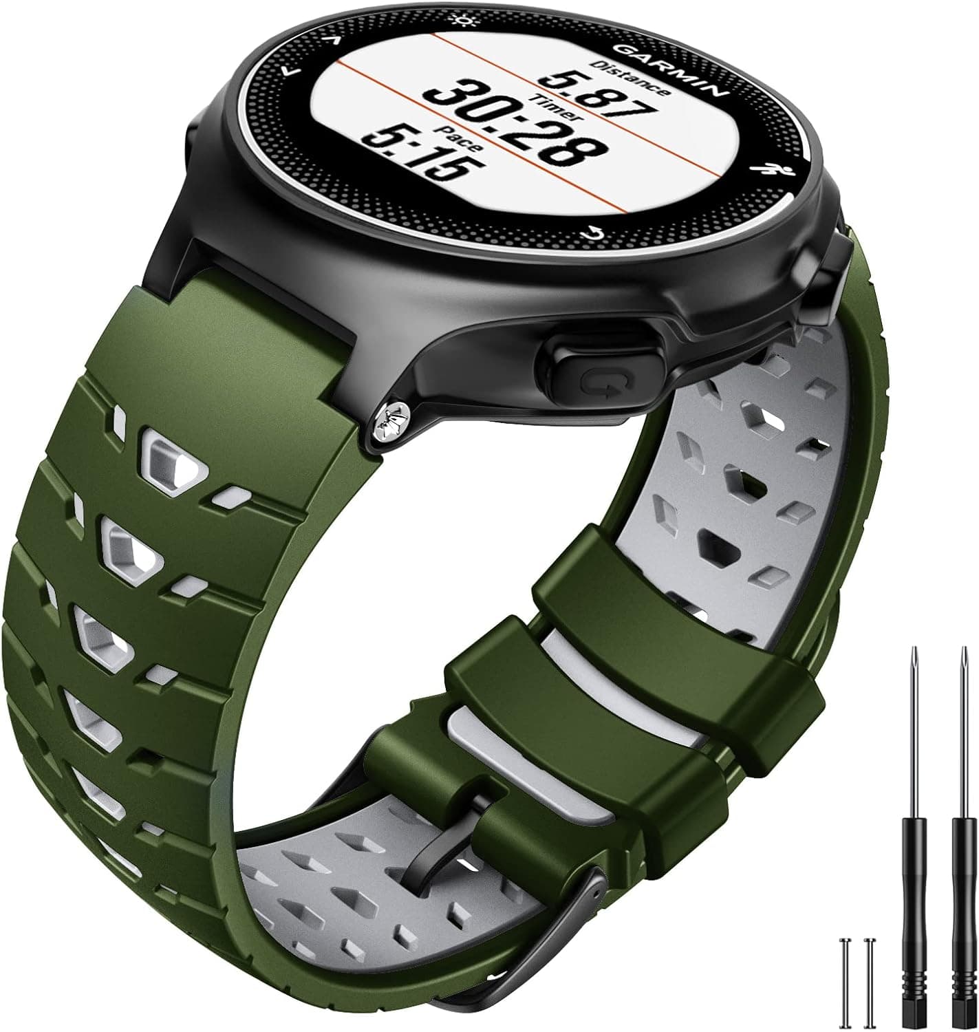 CUZOW for Forerunner 630/235/620/735XT/220/230/Approach S20/S6/S5, Two-in-One Color Soft Silicone Watch Band,Amry Green-Grey