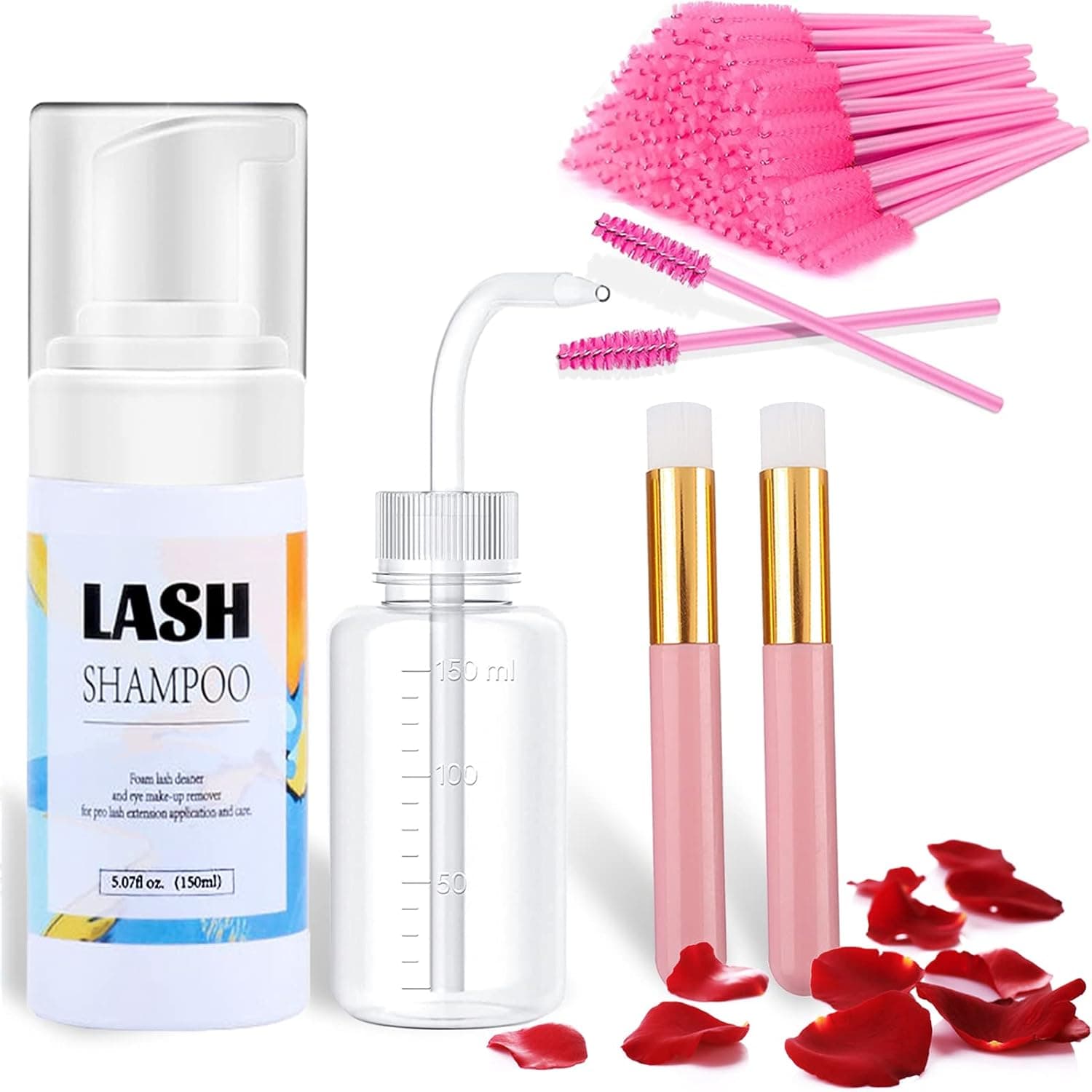 Eyelash Extension Cleanser 150ml + Rinse Bottle+ 2 Brushes+50 Mascara Wands, Eyelash Extension Shampoo, Eyelid Foaming Cleanser, Eyelash Wash and Lash Bath for Extensions, Oil Free