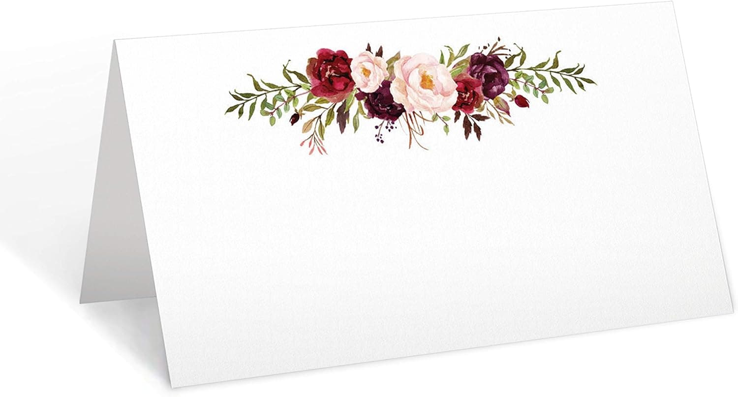 321Done Floral Place Cards 3.5" x 2" (Set of 50) Blank for Name Food Table Setting Dinner Party Seating Wedding Reception Buffet Tent Style Rustic Red Roses on White - Made in USA
