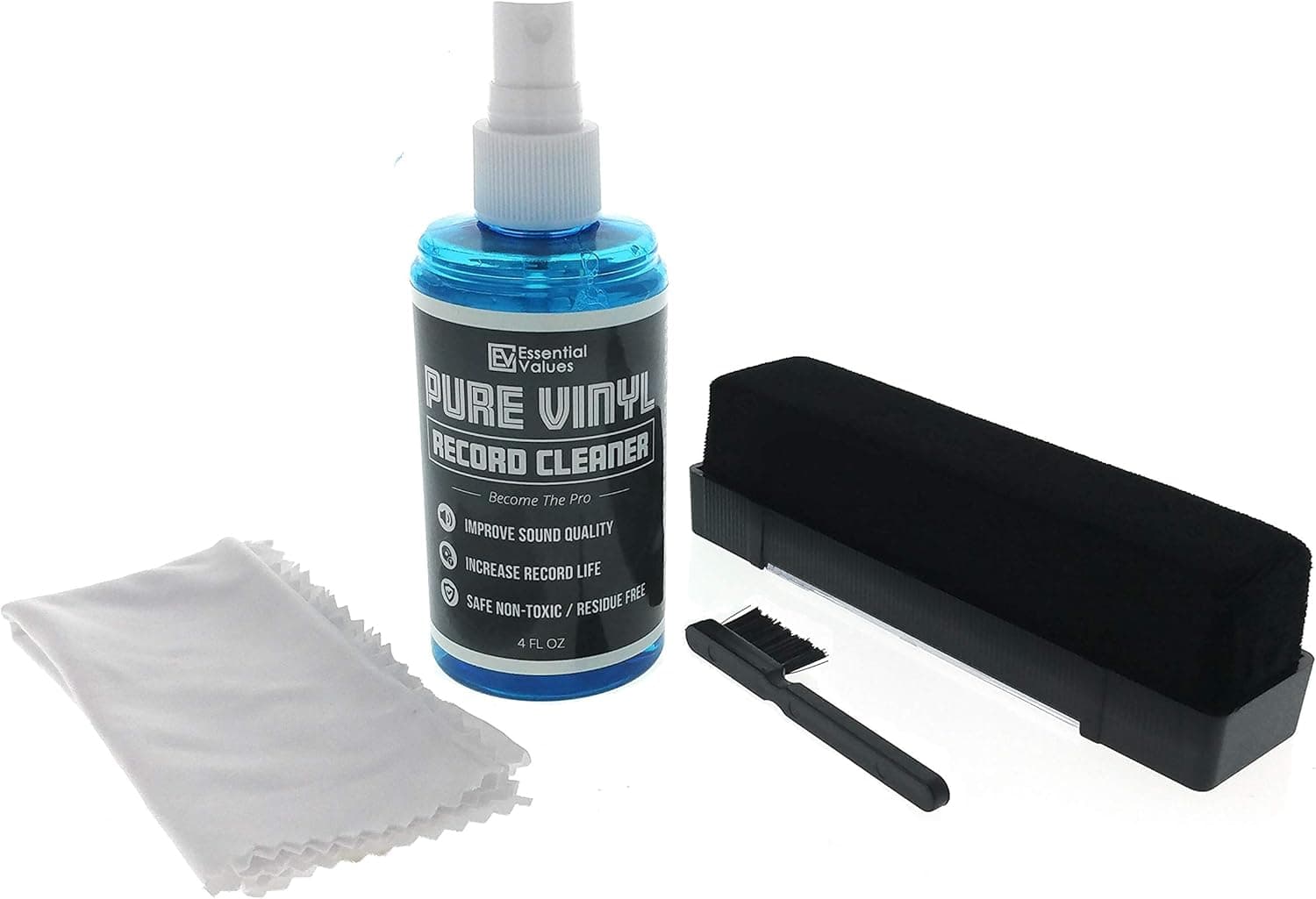 Vinyl Record Cleaner (KIT), Spray + Velvet Brush & Micro Fiber – Use On Any Record, DJ Controller & Mixers, Enhance Your Experience & Bring Old Records/Equipment Back to Life by Essential Values