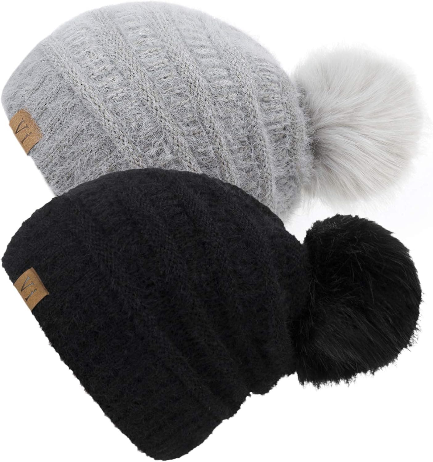 ViGrace Womens Winter Hat Slouchy Warm Beanie Hats Faux Fur Pompom Chunky Baggy Ski Cap with Fleece Lined for Women