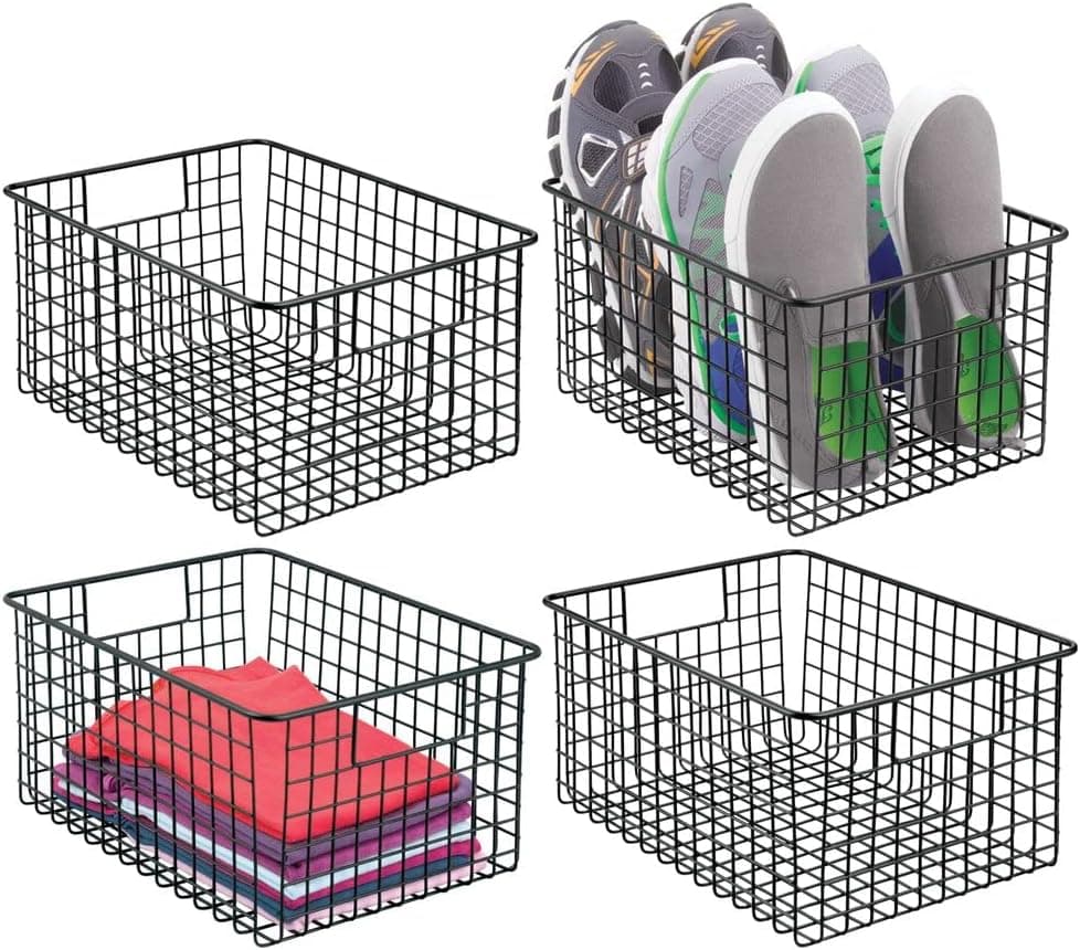 mDesign Metal Wire Closet Storage Basket Organizer with Handles for Organizing Bedroom, Bathroom, Mudroom, Entryway, Hallway, or Linen Closets - Concerto Collection - 4 Pack - Black