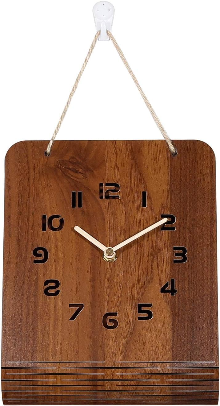 BECANOE Wooden Wall Clock Silent Non-Ticking Large Hollow Out Numbers Brown Home/Kitchen/Office/School Clocks (Dark Brown)
