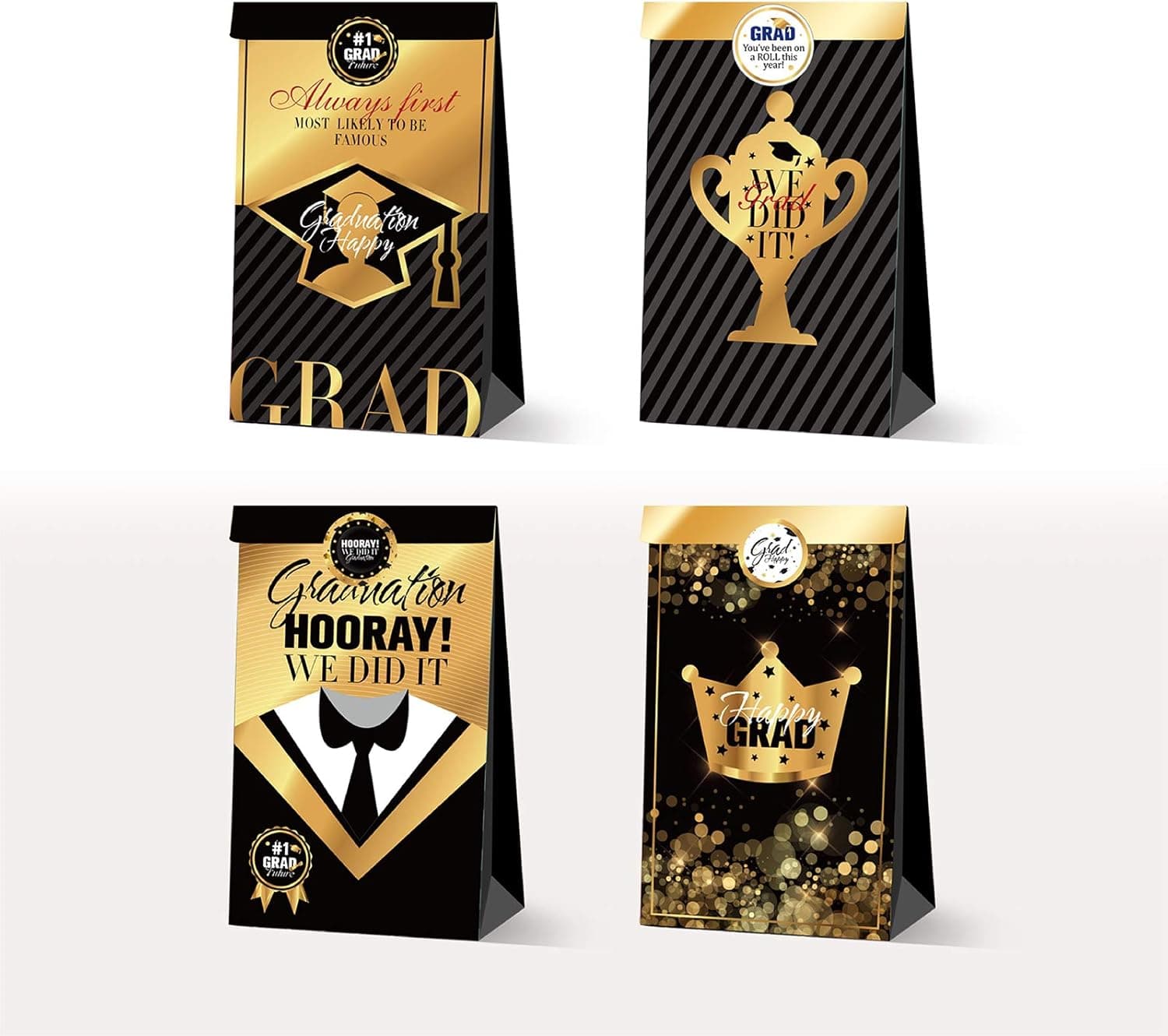 12pcs Happy Graduation Party Favor Bags, Paper Gift Bags, Goodie Candy Treat Bags with Stickers for Graduation Season Theme Party Supplies Decoration