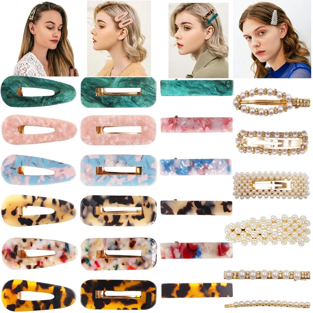 24PCS Acrylic Resin Hair Barrettes Pearls Hair Clips-Fashion Korean Style Handmade Pearl Hair Barrettes Rhinestones Hairpins Gold Duckbill Acrylic Hair Clips Elegant Hair Accessories for Girls Women