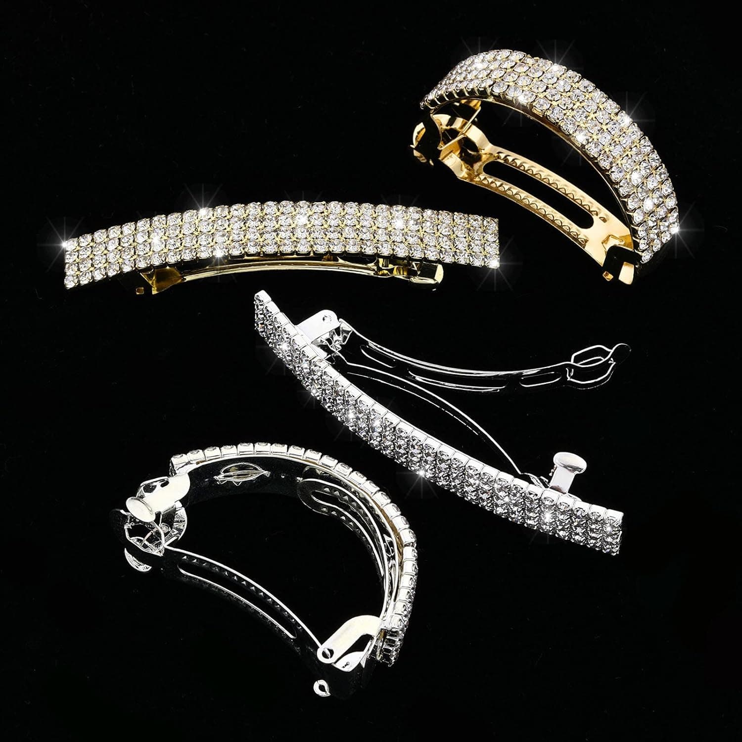 4 Pieces Bling Rhinestone Hair Clip Semicircle Crystal Hair Barrettes Crystal Ponytail Holder Elegant Metal Hairpins Rhinestone Hair Accessories for Women Girls Wedding, Gold Silver Plated, 2 Styles