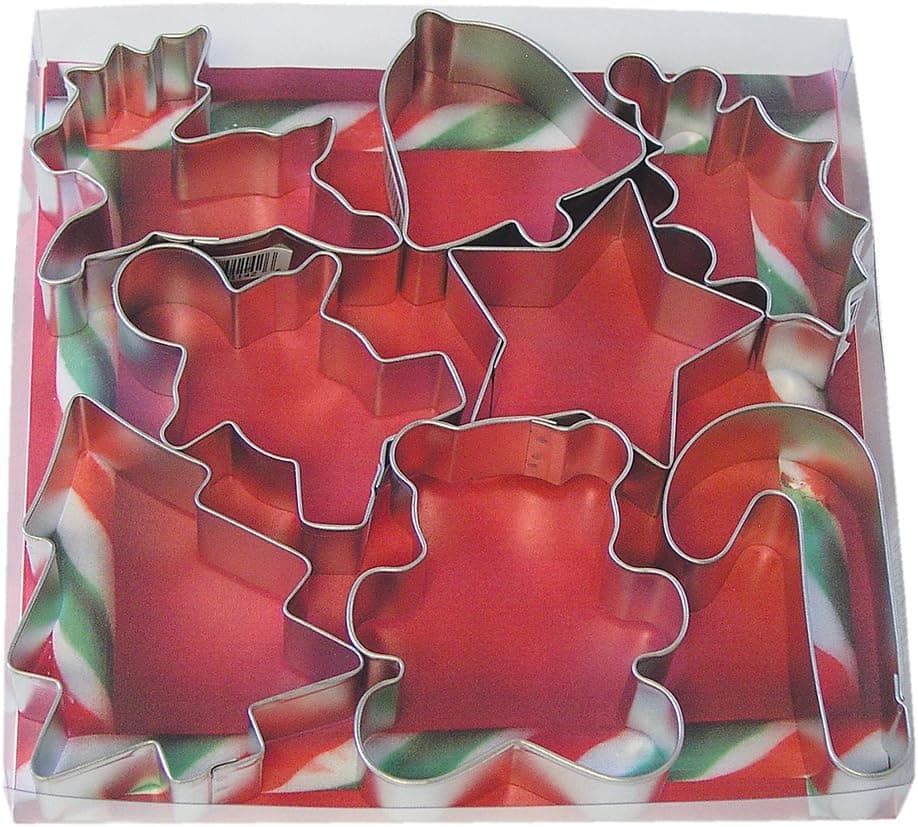 R&M International Christmas Cookie Cutters, Tree, Gingerbread Boy, Bell, Star, Candy Cane, Holly, Teddy Bear, Reindeer, 8-Piece Set