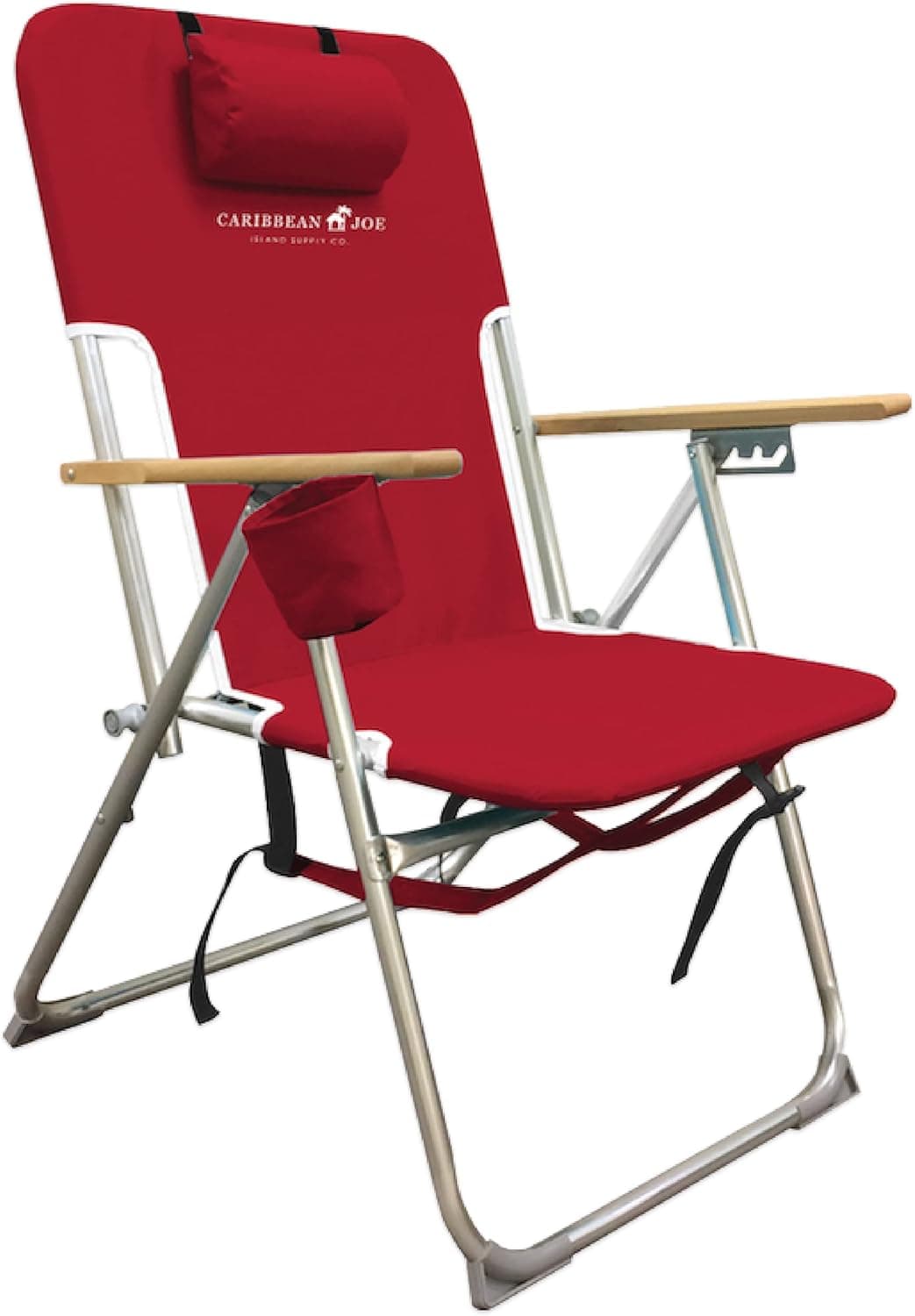 Caribbean Joe Folding Beach Chair, 4 Position Portable Backpack Foldable Camping Chair with Headrest, Cup Holder, and Wooden Armrests, Red, 33.5"D x 3"W x 25"H