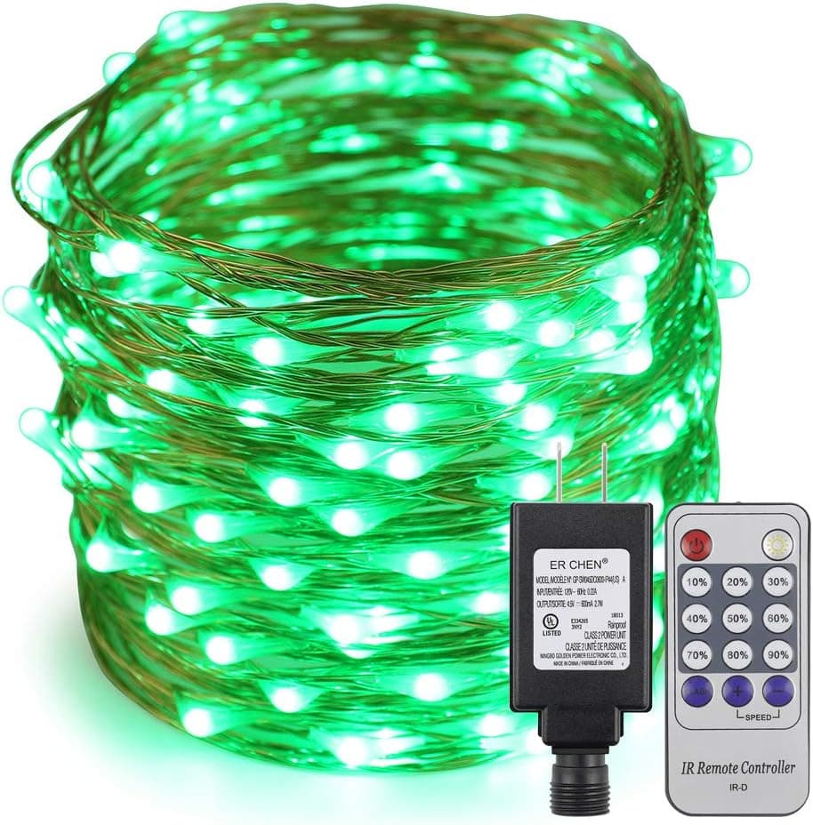 ER CHEN 66ft Led String Lights,200 Led Starry Lights on 20M Copper Wire String Lights Power Adapter + Remote Control(Green)