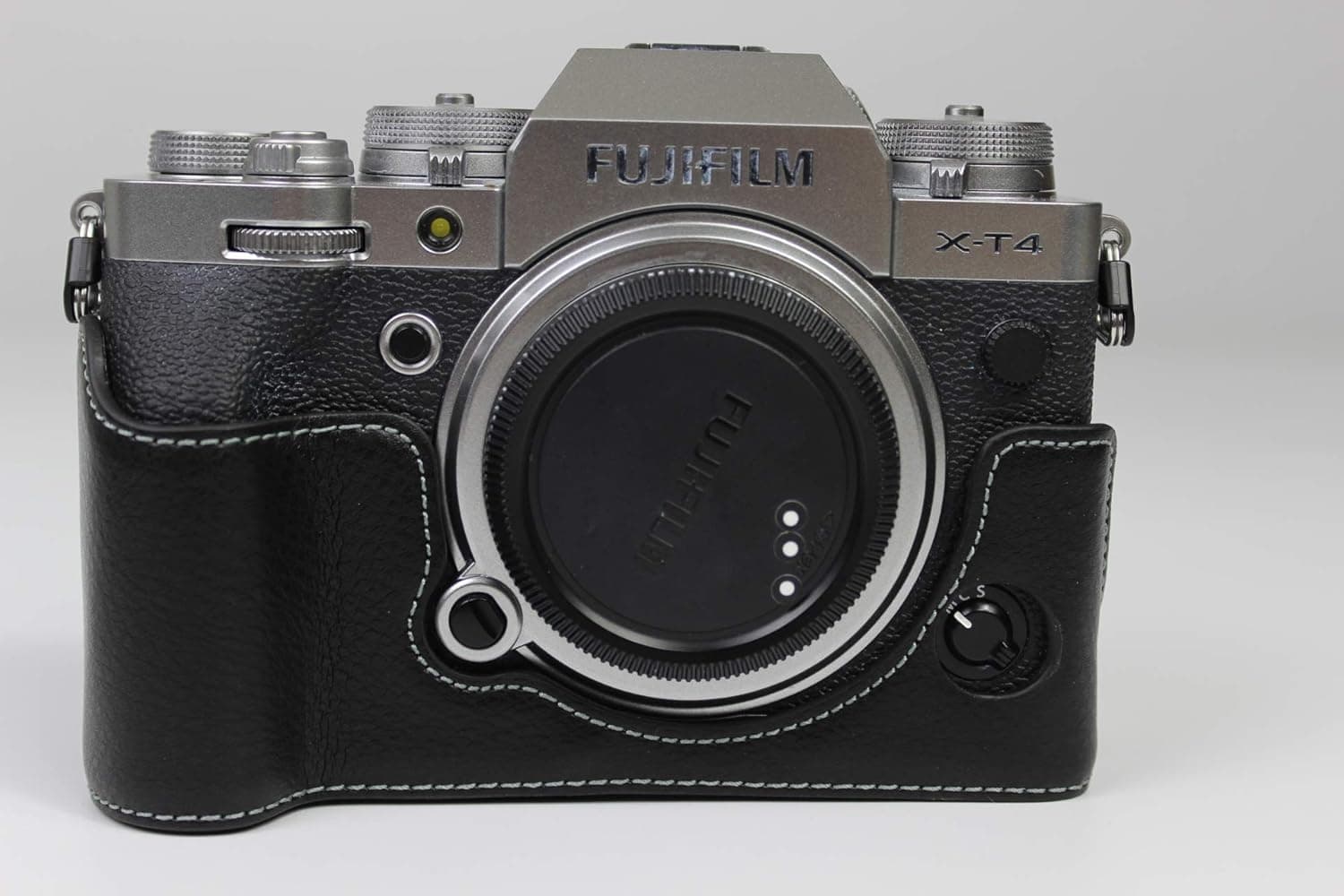 X-T4 Case, BolinUS Handmade Genuine Real Leather Half Camera Case Bag Cover for Fujifilm Fuji X-T4 XT4 Bottom Opening Version + Hand Strap (Black)