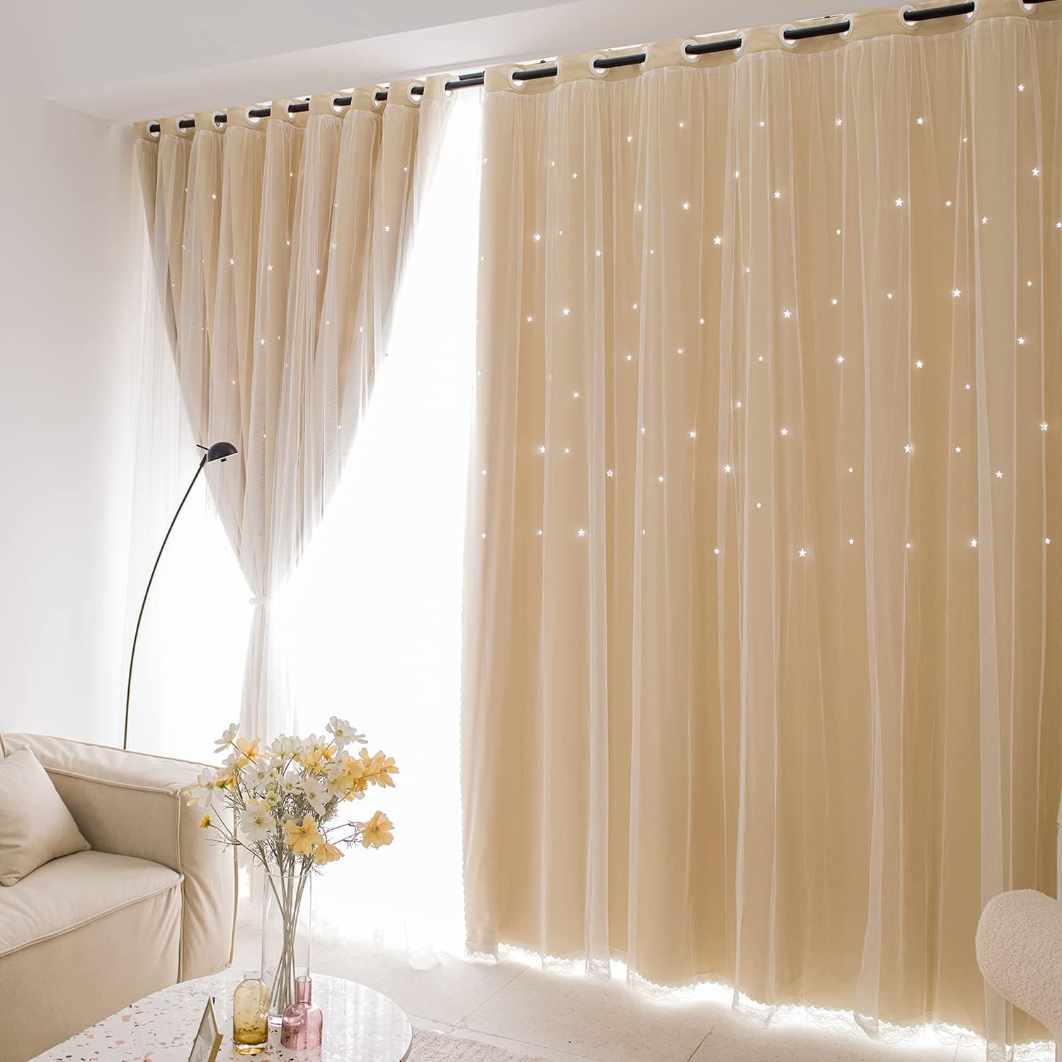 Unistar 2 Panels Stars Blackout and Sheer Curtains for Bedroom Girls Kids Baby Room, Double Layer Star Cut Out Living Room Window Curtain, W52 x L63 Inch Length, Beige
