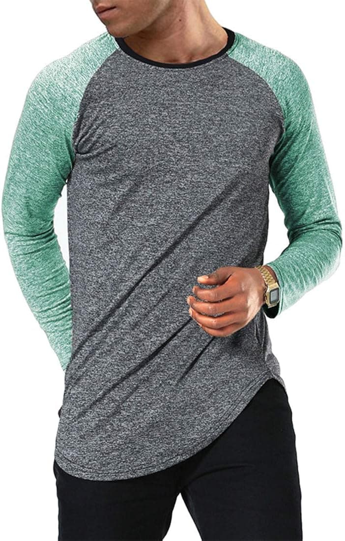 Moomphya Men's Long Sleeve Raglan Jersey Shirt Hipster Hip Hop Basic Swag Curved Hem Baseball T Shirt (XX-Large, Black/Green)