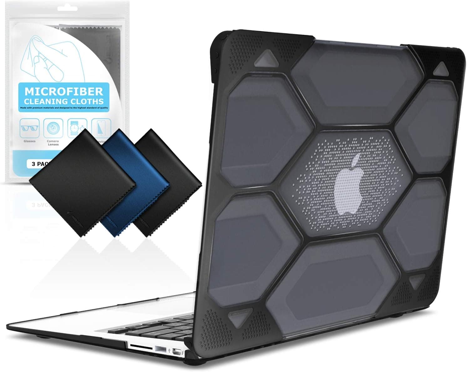 iBenzer MacBook Air 13 Inch Case, Heavy Duty Protective Hard Case Shell Cover with Cleaning Cloth for Apple MacBook Air 13 A1369 A1466 NO Touch ID, Black HA13BK+3MF