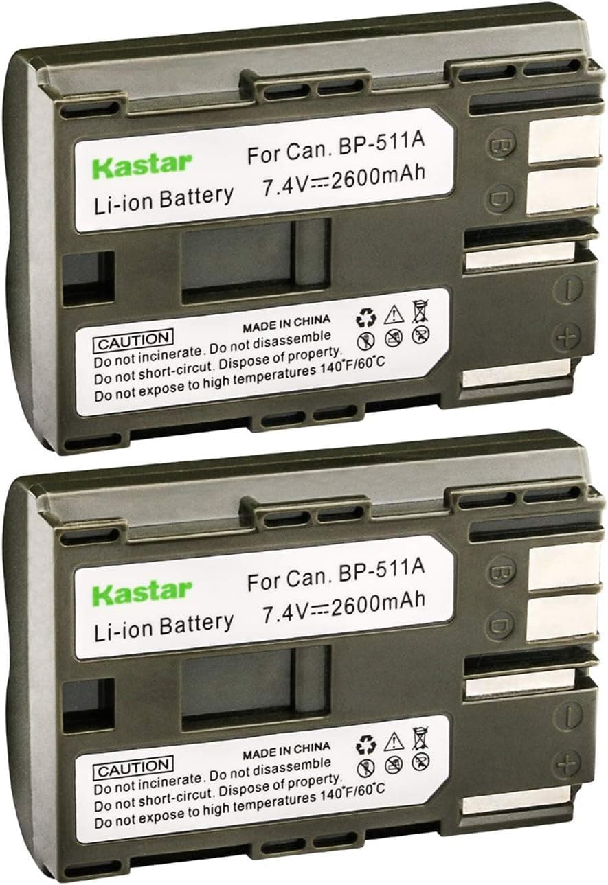 Kastar 2 Pack BP-511 BP-511A Battery Replacement for Canon Mini DV Camcorder ZR65 MC ZR70 MC ZR80 ZR85 ZR90 ZR10 ZR20 ZR25 ZR25MC ZR30 ZR30MC ZR40 ZR45MC ZR50MC ZR60