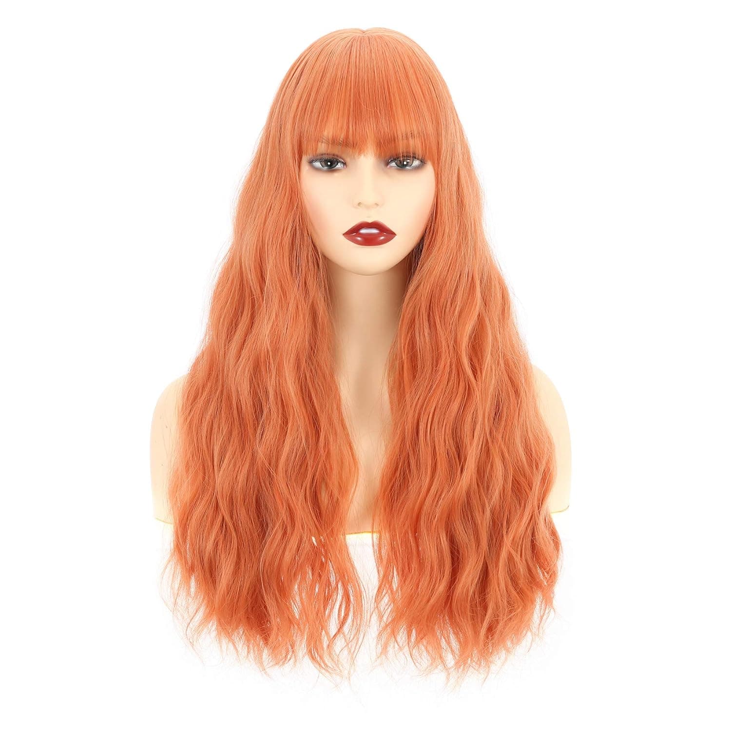 VCKOVCKO Long Curly Loose Wig With Air Bangs Natural Looking Long Wavy Wig Machine Made Heat Resistant Synthetic Wig for Cosplay Party Daily Wear Colorful Wigs(26",Orange)