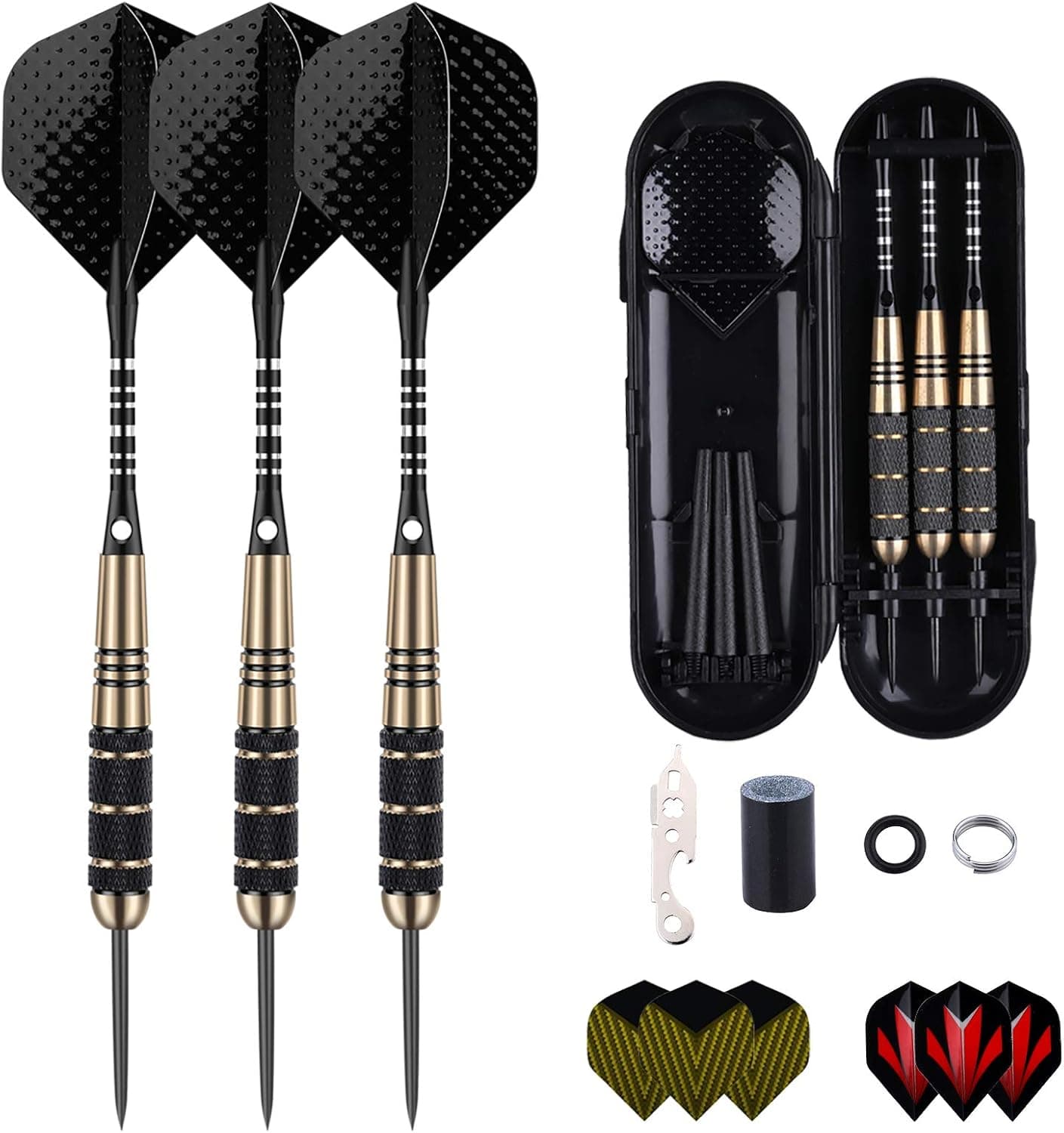 sanfeng Steel Tip Darts Set for Dartboard, Professional Darts with Metal Tip Black Purple Aluminium Nylon Shafts 9 Flights 50 Rubber O-Rings 12 Spring Rings 1 Dart Sharpener Tool 24/27 Grams