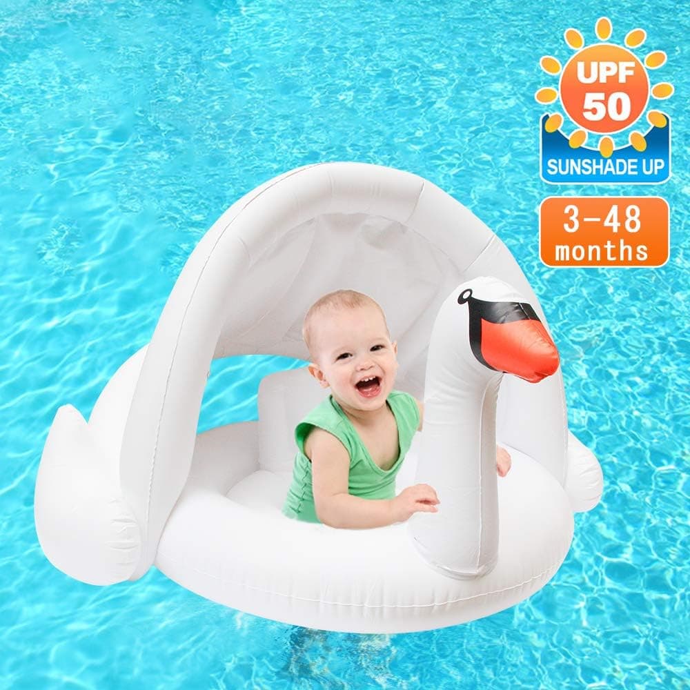 Jie-channel Baby Swimming Pool Float, Safety Approved Inflatable Baby Swimming Ring with Canopy, Leakproof, for Summer Outdoor Beach Swimming Pool Party for Age of 3-48 Months