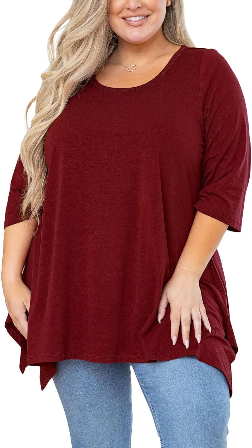 AusLook Plus Size Women's Tunic 3/4 Sleeve Clothes Swing Babydoll Top Side Split Crewneck Blouse Flowy Shirts M-5X