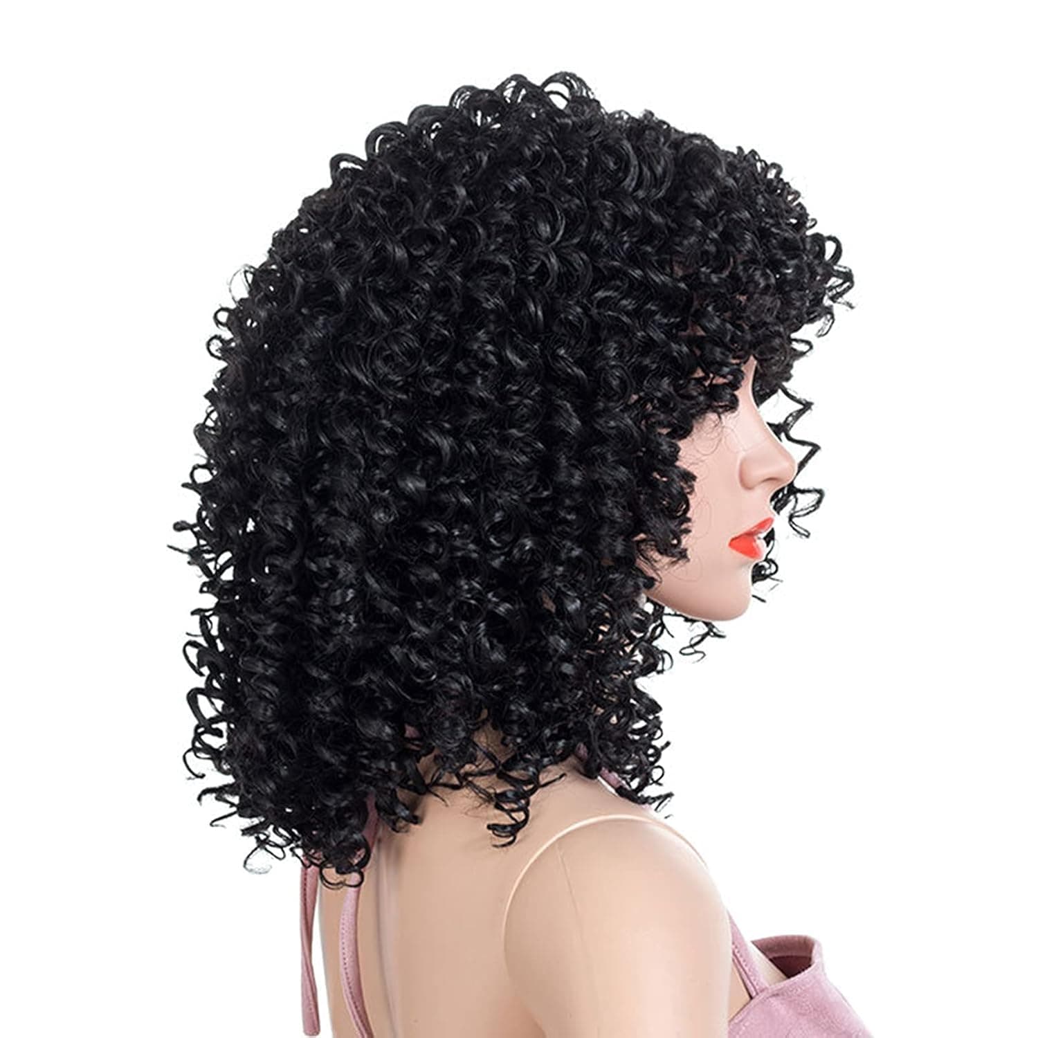 KXFNUO Short Curly Wigs with Bangs, Loose Short Curly Wigs for Black Women, Natural Looking Heat Resistant Fiber Shoulder Length Short Wavy Wigs for Daily Wear, Party, Dating (Black)