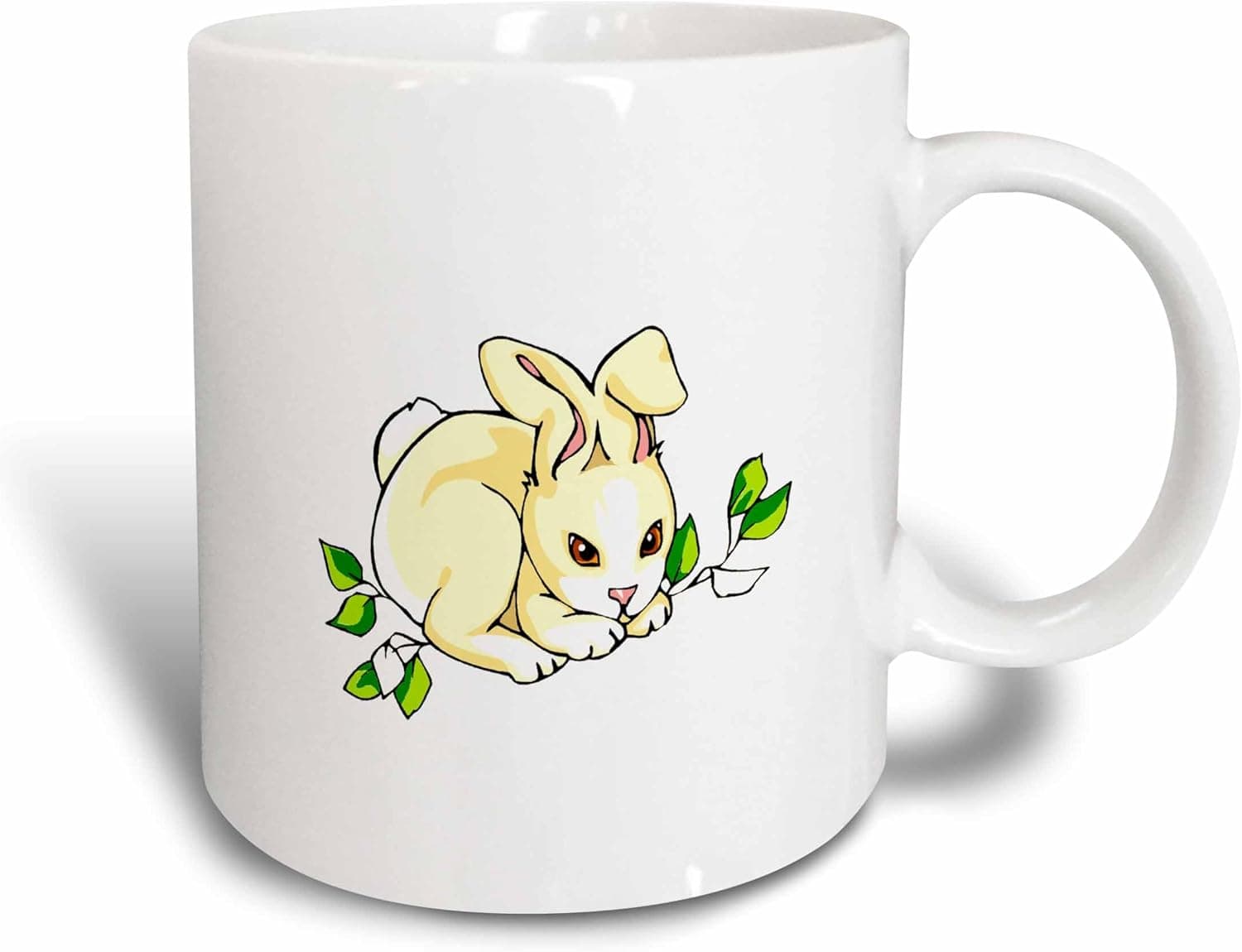 3dRose White Bunny Green Leaves Ceramic Mug, 15 oz, Multicolor