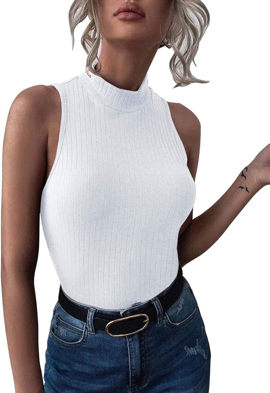 Womens High Neck Tank Tops Summer Casual Cami Blouse White XX-Large