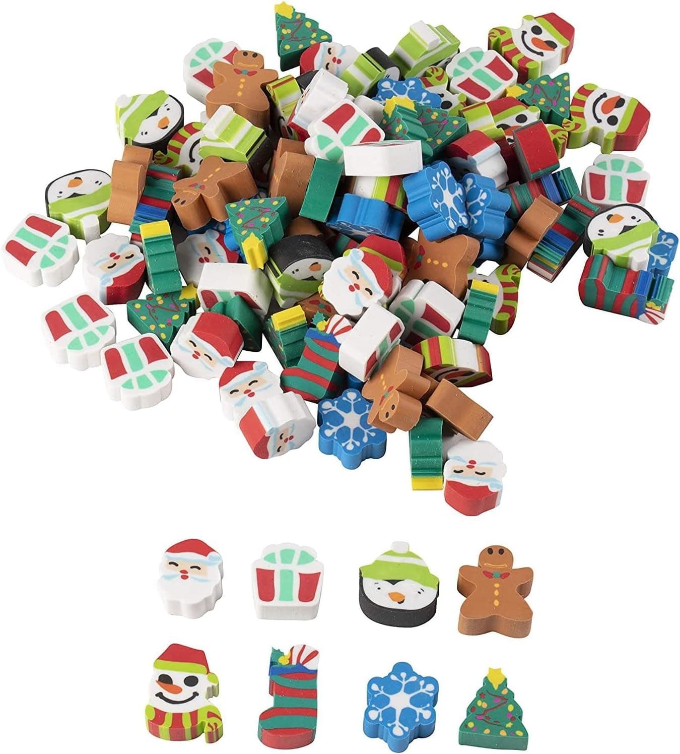 100 Pieces Mini Christmas Erasers for Kids Party Favors, Bulk Holiday Stocking Stuffers in 8 Festive Designs