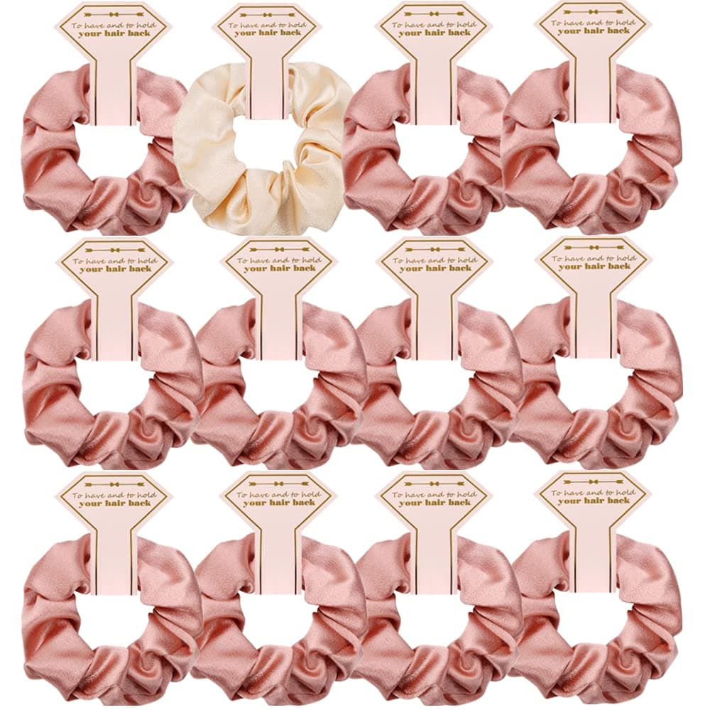 Satin Bridesmaid Scrunchies 12 pack Proposal Gifts Elastics Hair Ties Scrunchies Bachelorette Party Favors Satin Bridesmaid Gift for Bridal Wedding Parties (Beige & Rose Gold)