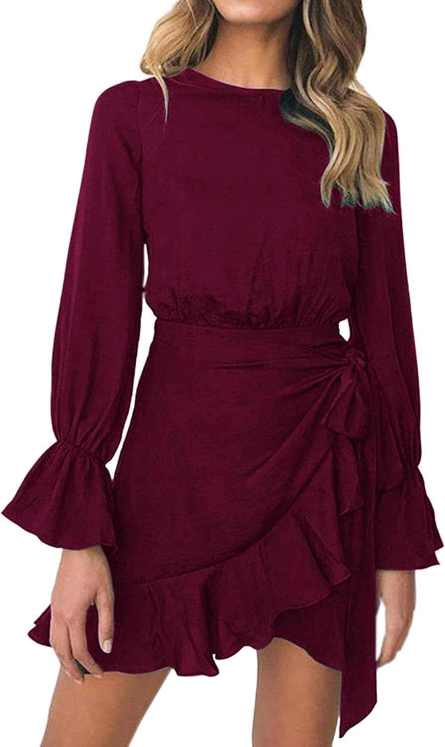 ECOWISH Womens Dresses Ruffle Hem Long Sleeves Casual Solid Color Mini Dress 1848 Wine Red S