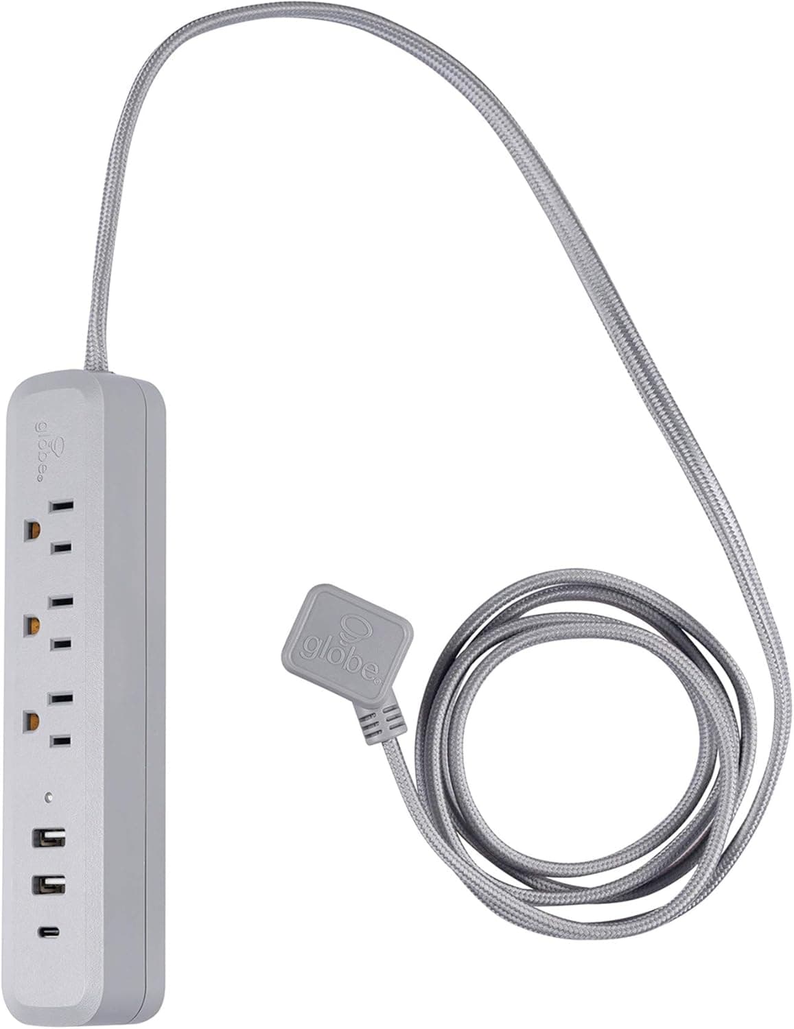 Globe Electric Designer Series 6-ft 3-Outlet USB Surge Protector Power Strip, 2x USB-A Ports, 1x USB-C Port, Right Angle Plug, Gray, 78551