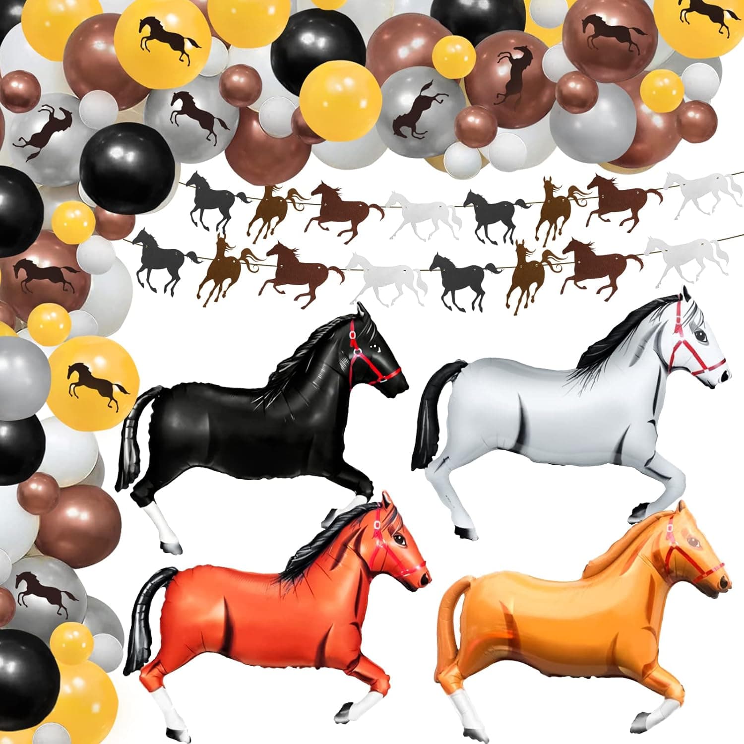 99 Pieces Cowboy Balloons Horse Banners, Western Party Decorations, Include Wild Horse Shaped Foil Balloons, Horse Printed Latex Balloons, Racing Horse Banners for Western Cowboy Pony Birthday Party Decoration