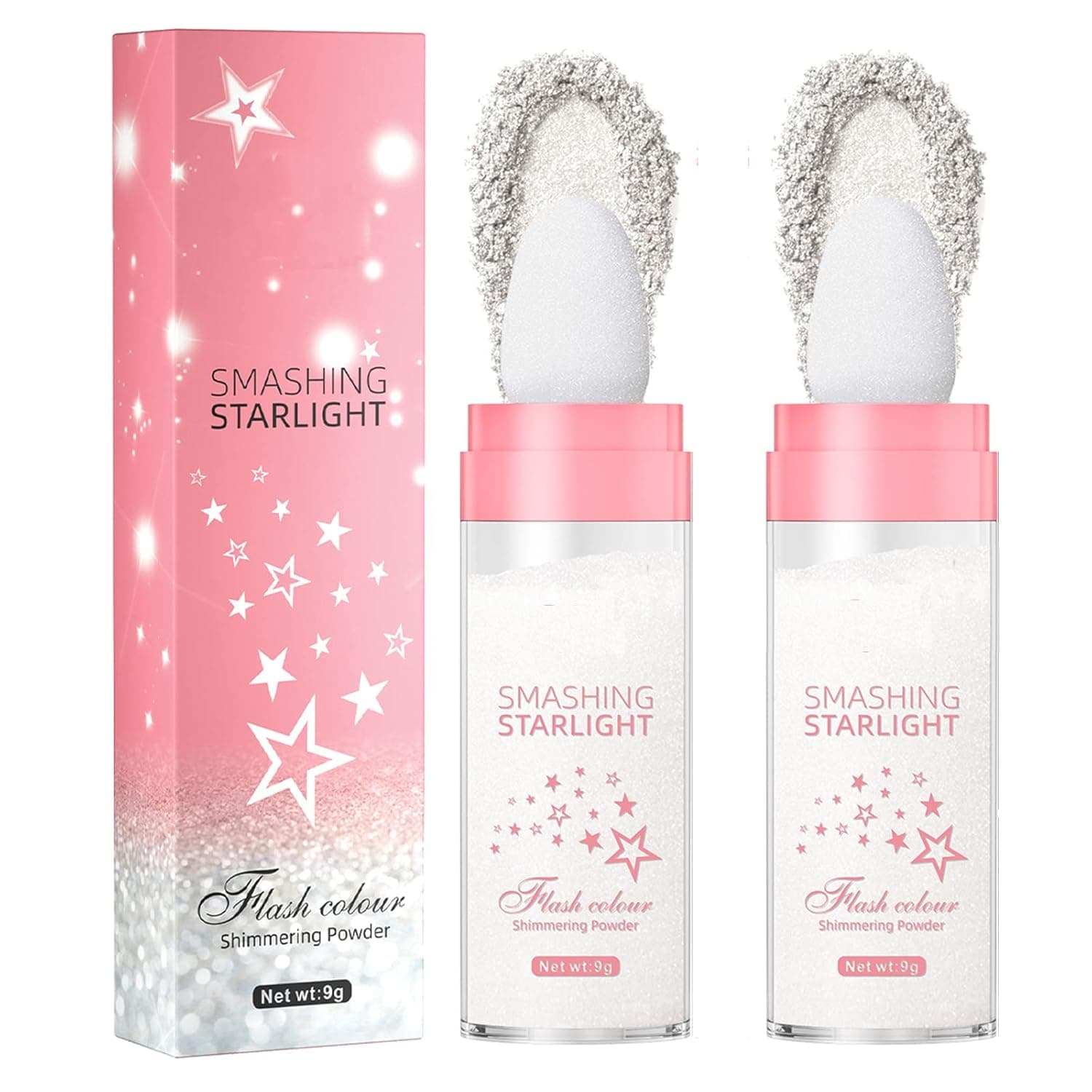 Body Glitter-Highlighter Makeup Stick with Sponge Head,2 Pcs Shimmer and Shine High Gloss Blush Contour Powder Makeup,Fairy Glitter Powder Dust for Face Body Hair Cosmetic White