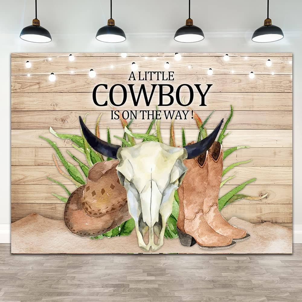 Ticuenicoa 7×5ft Cowboy Baby Shower Backdrop Rustic Wooden Pattern Cowboy Western Hat Baby Shower Party Banner Decorations A Little Cowboy is On The Way Photography Background