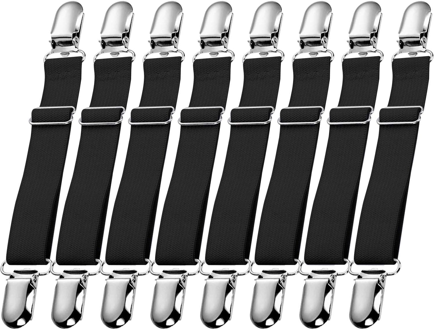 HESTYA 12 Pieces Sheet Straps Suspenders Adjustable Bed Sheet Fasteners Metal Clips Elastic Fasteners Grippers for Home Supplies (Black)