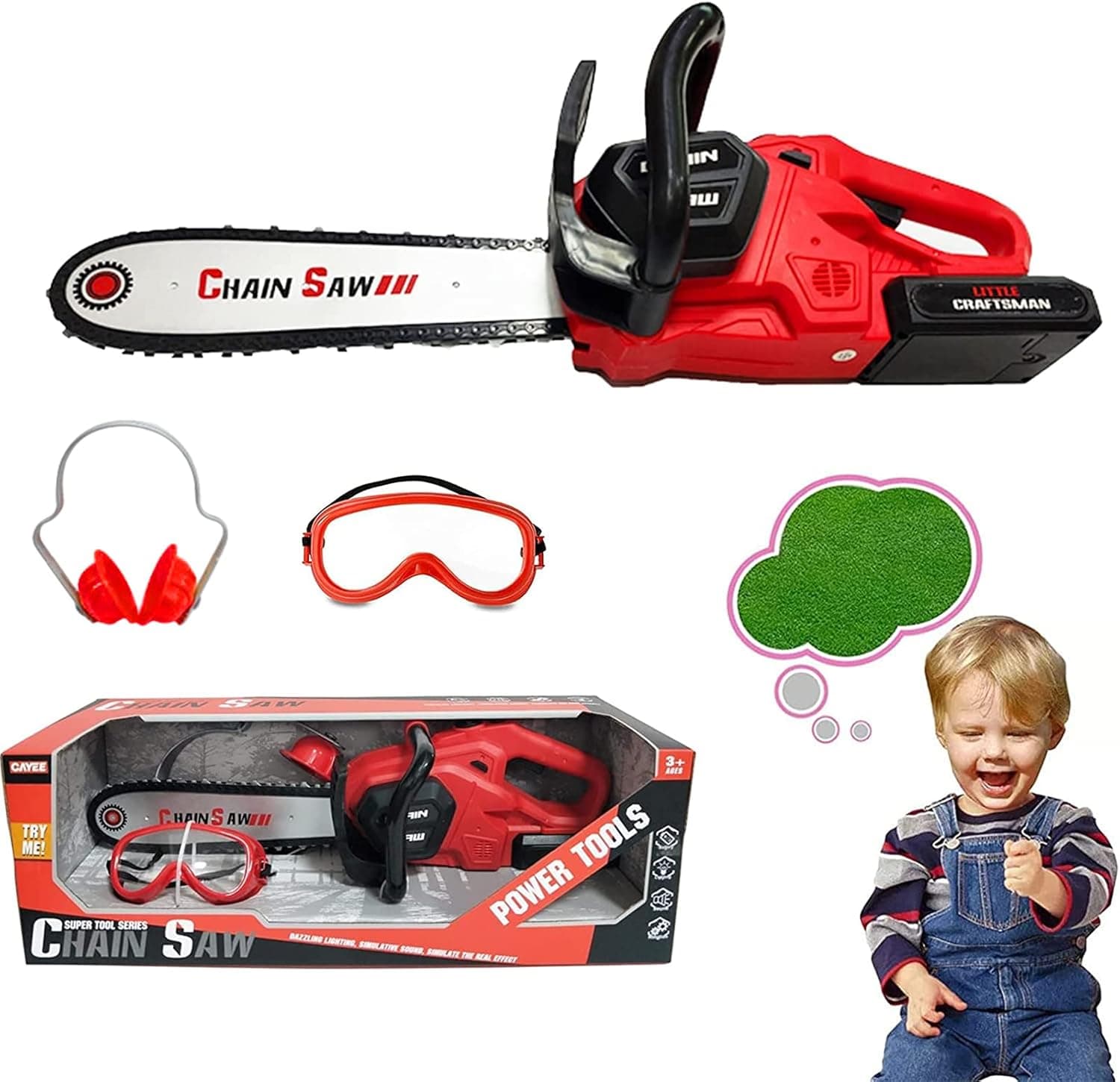 Pretend Play Series Chainsaw Toy Tool Play Set,Power Construction Tool Electric Chainsaw Toy with Rotating Chain and Realistic Sounds,Outdoor Preschool Gardening Lawn Toy Gift for Toddler Baby Kids