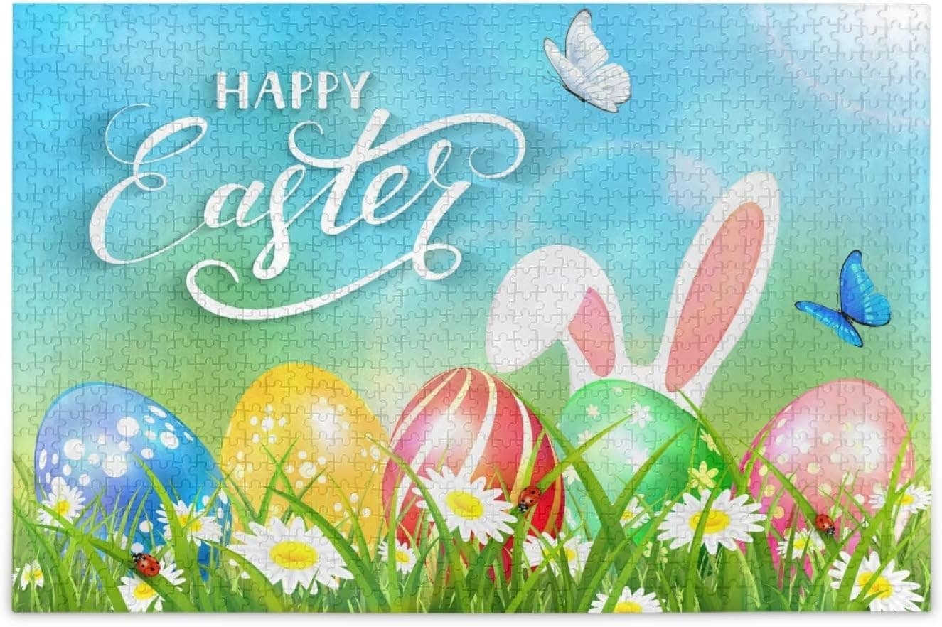 Vdsrup Cute Easter Bunny Jigsaw Puzzles Colorful Easter Eggs Butterfly Spring Flowers 500 Pieces Puzzles for Adults Kids Educational Intellectual Decompressing Family Fun Game Gift Home Wall Decor
