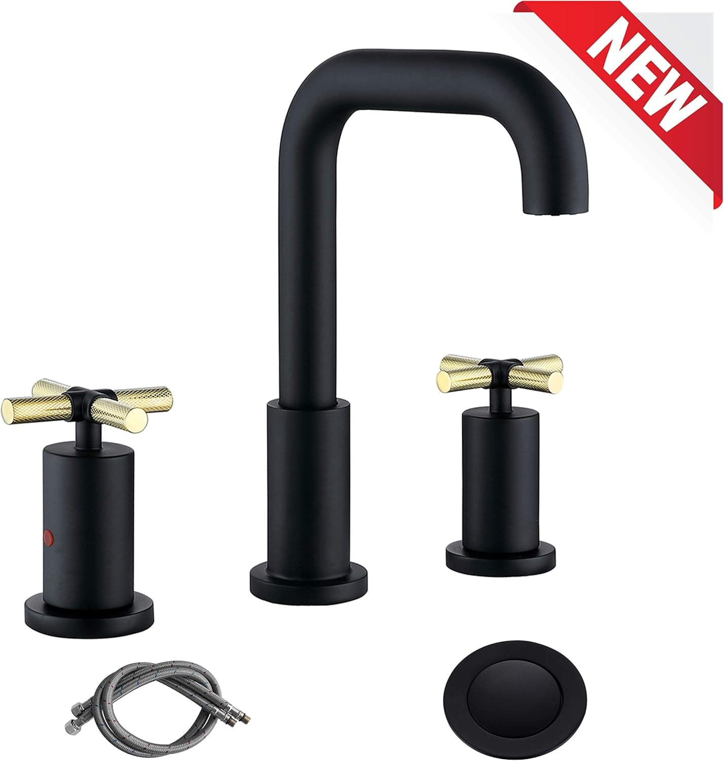 RKF Brass 2 Handle Widespread Bathroom Sink Faucet with METAL Pop-up Drain with overflow and CUPC Supply Hoses,Matte Black,CWF037B-MB