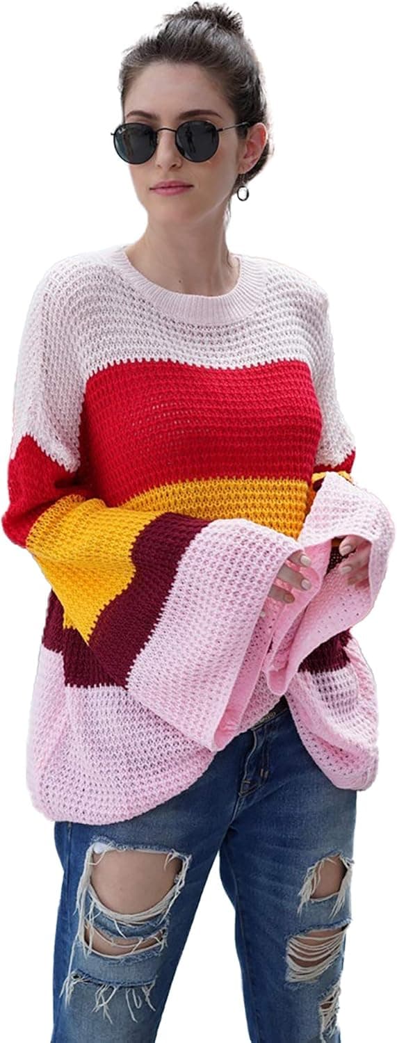 HZSONNE Women's Casual Rainbow Oversized Crochet Chunky Color Block Stripe Cable Knitted Crew Pullover Sweaters
