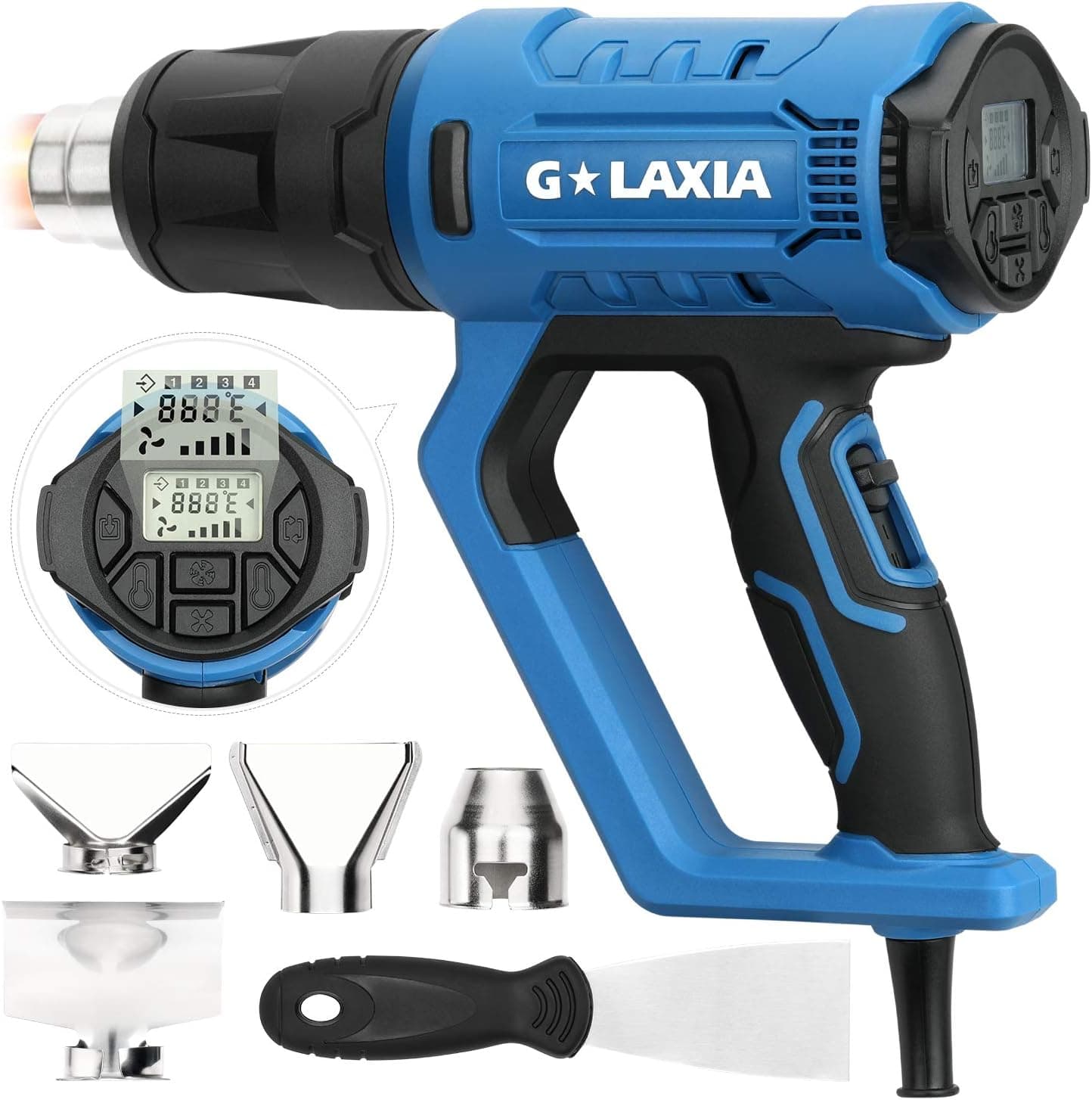 G LAXIA 2000W Heat Gun with Temperature Settings 120°F-1200°F（50℃- 600℃）,LCD Digital Display,4 Nozzles Deflector and 1 Scraper Included, Blue