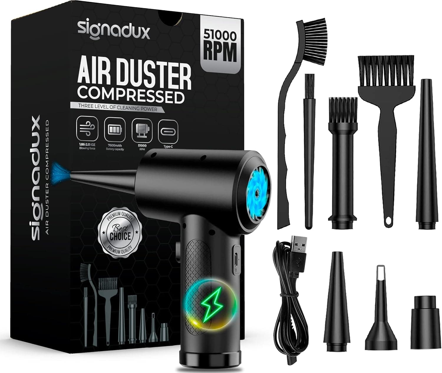 Compressed Air Duster - Keyboard Cleaner, Pc Duster Electric air Duster, Car Duster, Good Replace Compressed air can, Reusable no Canned Air Duster, Compressed air for Computer, 51000RPM - 3 Speeds