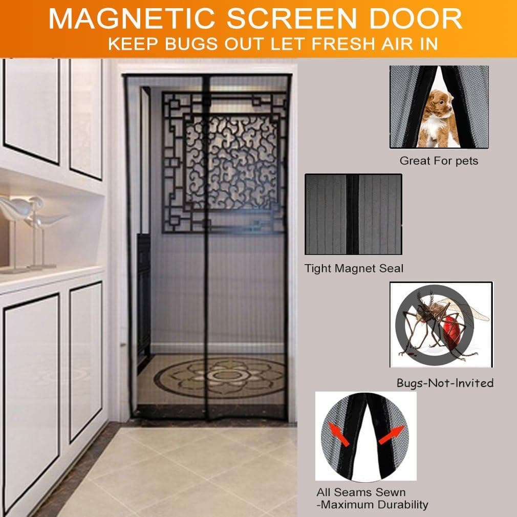 Magnetic Screen Door Hardware Quality Mesh Curtain, Comes with Top-to Bottom close magnets-Keeps Annoying Bugs Out Let Fresh Air in (40inchx99inch, Black Magnetic Stripe)