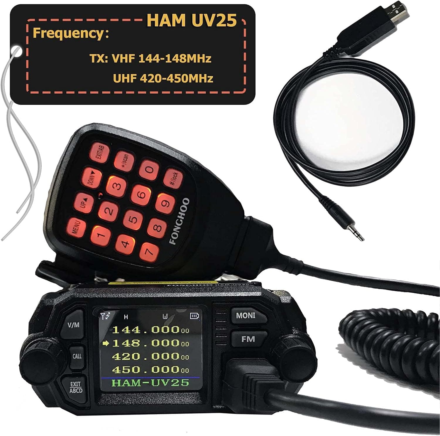 Mobile Radio Transceiver Dual Band 25W Amateur Radio for Car Vehicle, 144-148/420-450MHz, FONGHOO HAM-UV25 with Cable