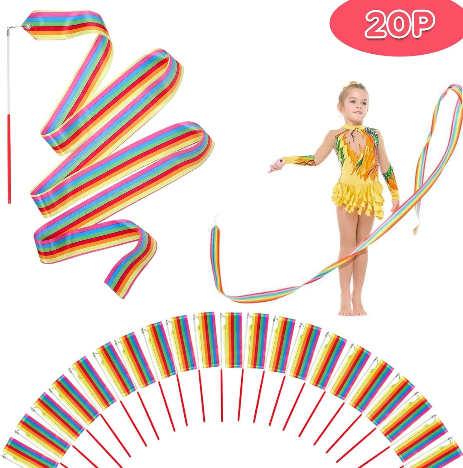 HiUnicorn 20PCS Rainbow Party Favors - Dance Ribbons for Kids Circus Carnival Rhythmic Gymnastics Birthday Party Decoration Supplies, Ribbon Baton Twirling Sticks Silks Streamers Wands for Girls