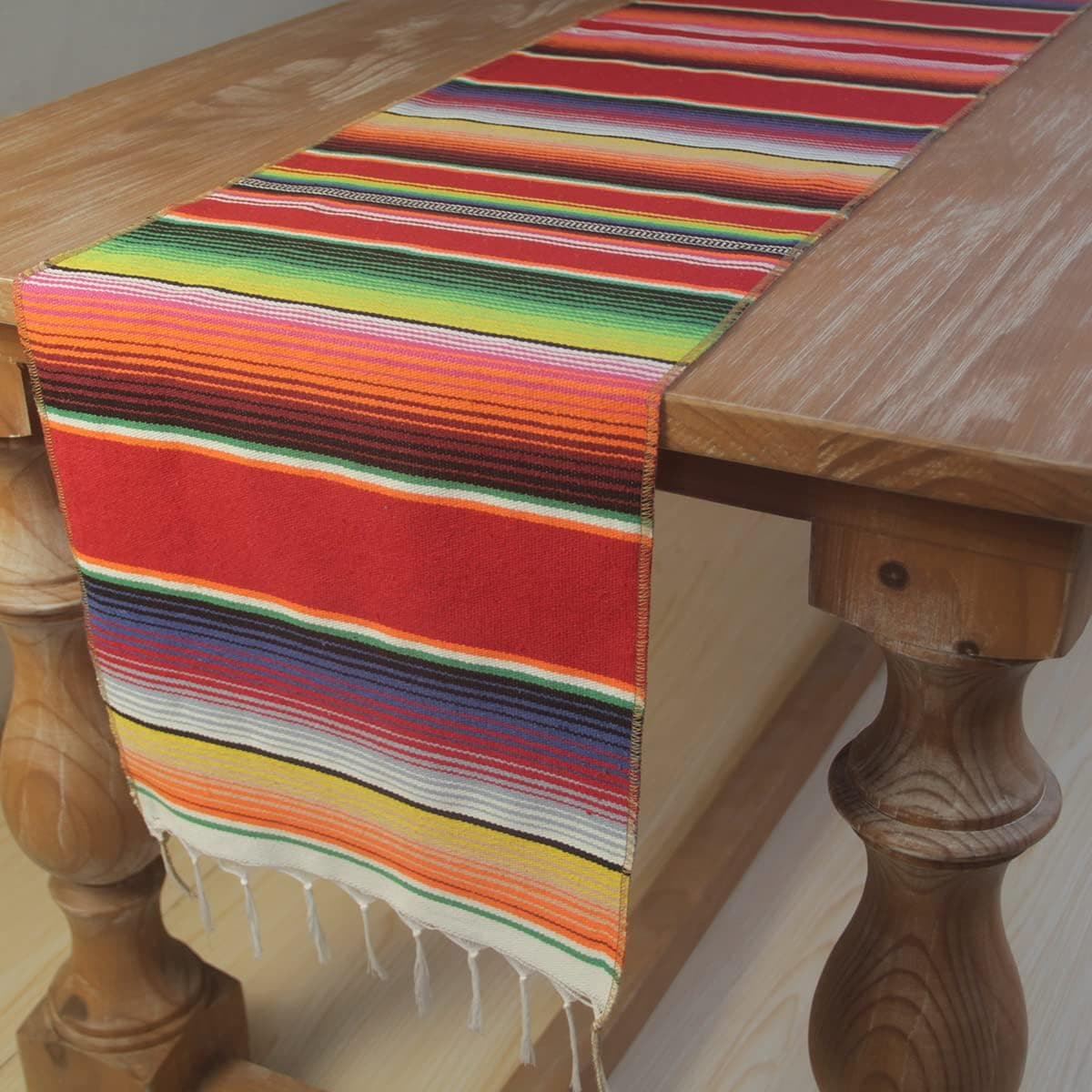 Mexican Serape Table Runner for Mexican Theme Party, Cinco de Mayo Fiesta Party, Day of Death Decorations, Falsa Classic Striped Fringe Pattern Cotton Blanket, Red,14x84 inches