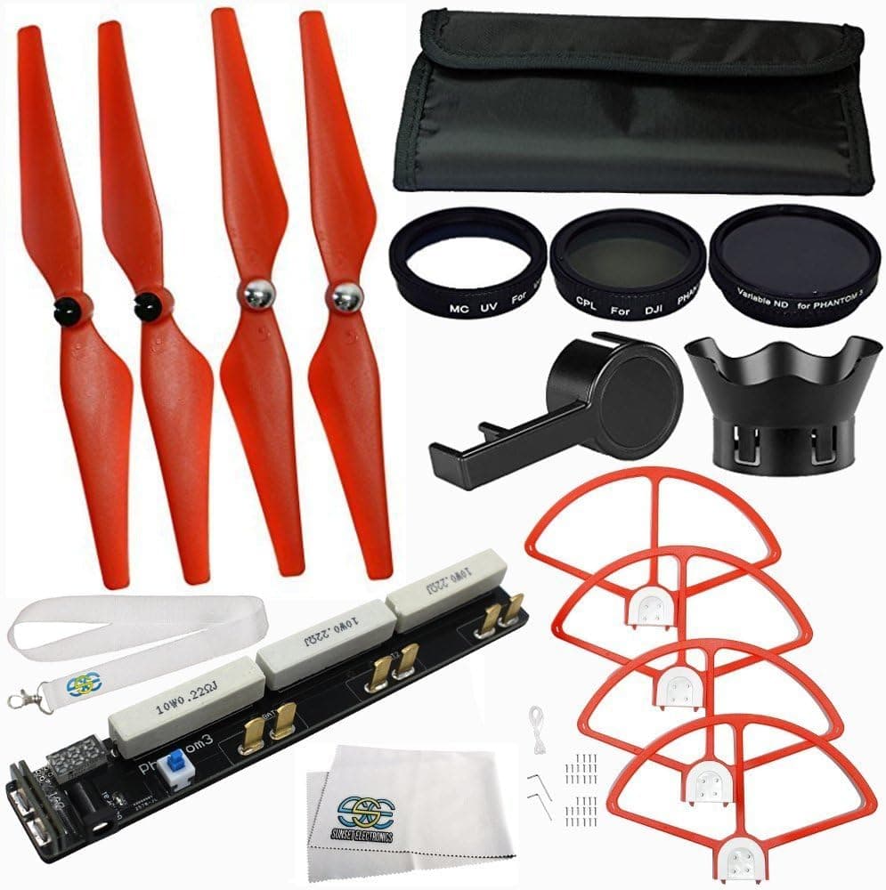 Essential Accessory Kit for DJI Phantom 3 Professional, Advanced, Standard, & 4K Quadcopters. Includes Red Self-Tightening Propeller Set + Multi Battery Charging Board for Phantom 3 + More