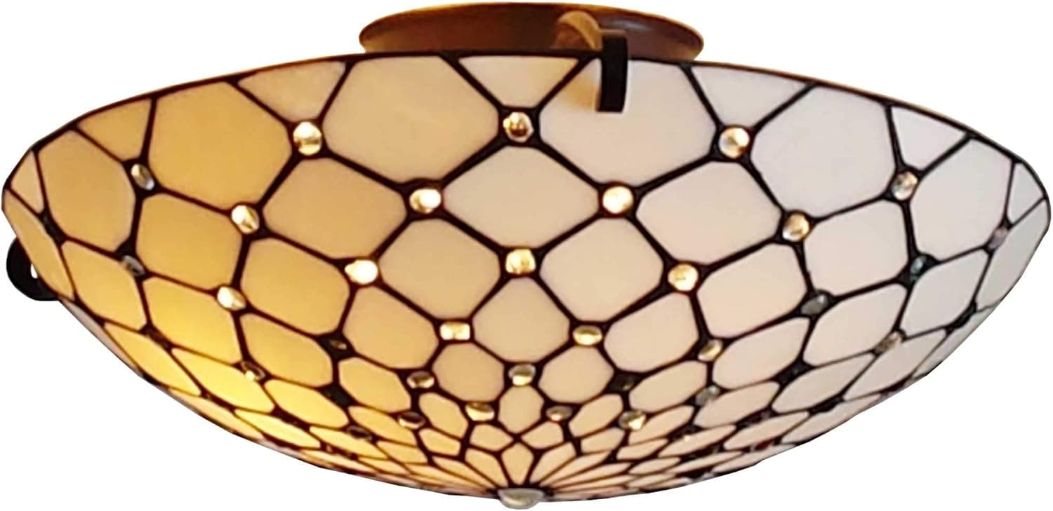 Amora Lighting Tiffany Style Ceiling Fixture Lamp Jeweled 17" Wide Stained Glass White Cream Antique Vintage Light Decor Living Room Bedroom Hallway Kitchen Gift AM030CL17, 17 Inches Diameter