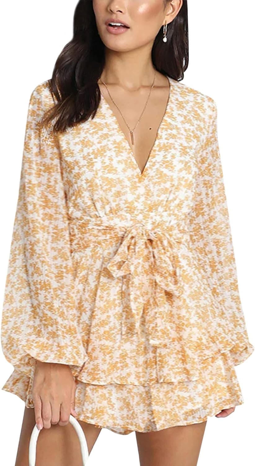 Relipop Women's Polka Dot Jumpsuits Deep V-Neck Long Sleeve Knot Front Ruffle Hem Floral Rompers
