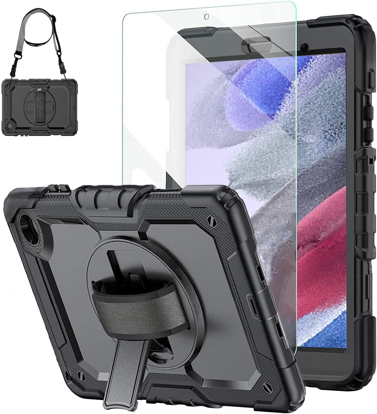 Galaxy Tab A7 Lite Case 2021 8.7 Inch with Tempered Glass Screen Protector Pencil Holder,Blosomeet Case for Samsung Tablet A7 Lite SM-T225/T220/T227 with Hand Shoulder Strap Stand, Black