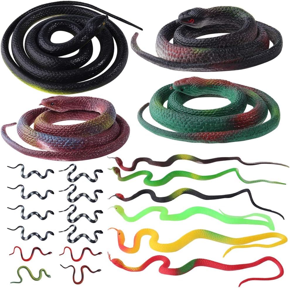 ONESING 22 Pcs Fake Snake Rubber Snakes Realistic Snake 18-48 Inch Halloween Black Snake Toys for Garden Props to Scare Birds, Squirrels, Mice, Pranks Stuff, Easter Gift Party Decoration