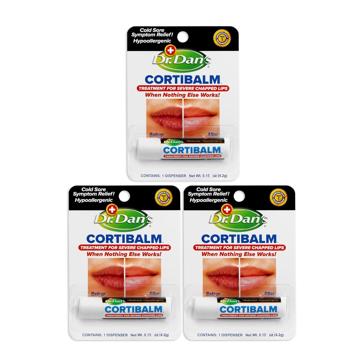 Dr. Dan's Cortibalm - 3 Pack - for Dry Cracked Lips - Healing Lip Balm for Severely Chapped Lips - Designed for Men, Women and Children -